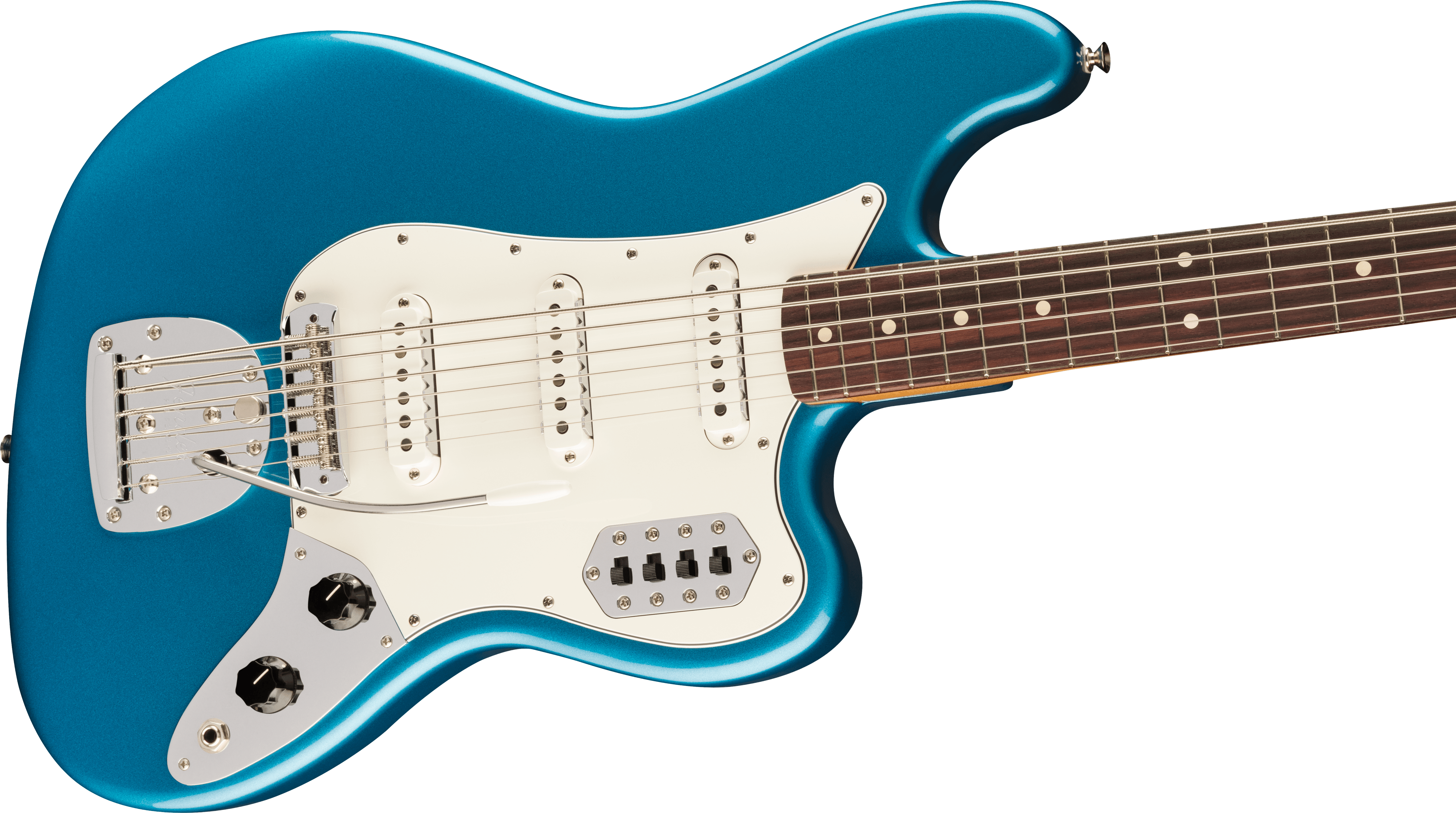 Metallic blue bass guitar with a white pickguard, two pickups, a rosewood fretboard, control knobs, and a chrome tremolo arm.