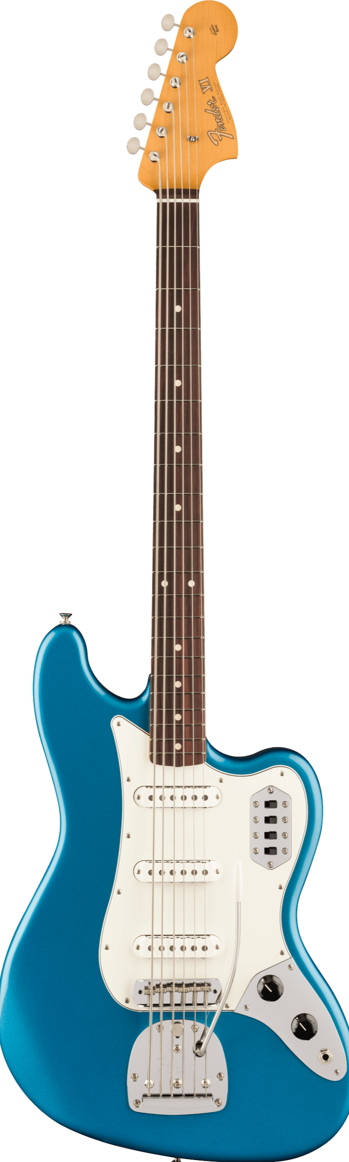 Six-string bass guitar in metallic blue with white pickguard, three pickups, two control knobs, and a chrome bridge with tremolo arm.