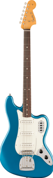 Six-string bass guitar in metallic blue with white pickguard, three pickups, two control knobs, and a chrome bridge with tremolo arm.