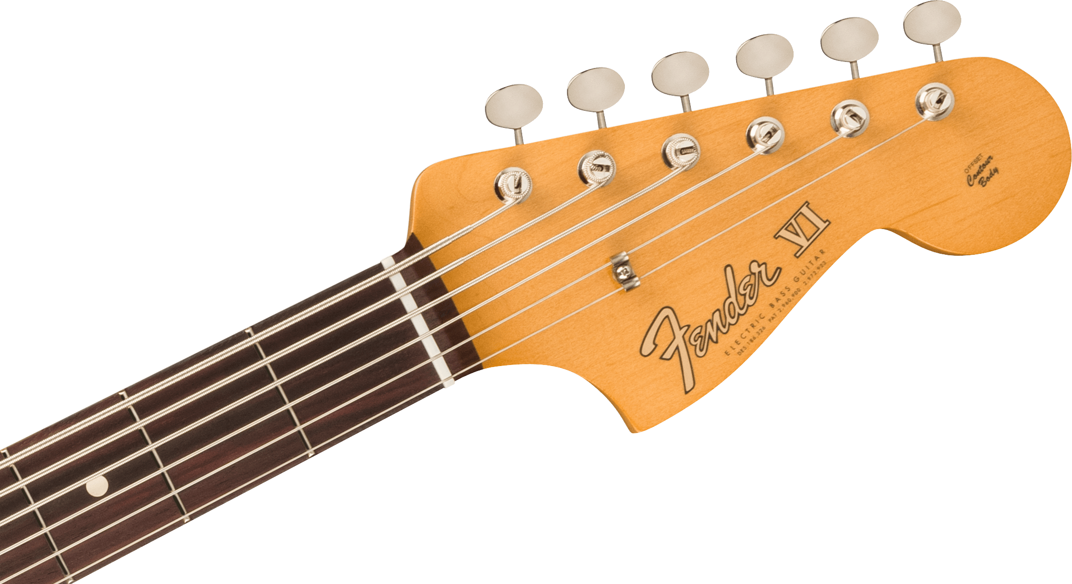 Maple headstock of a Fender VI bass guitar with six tuning pegs and dark rosewood fingerboard, gold Fender logo and model name.