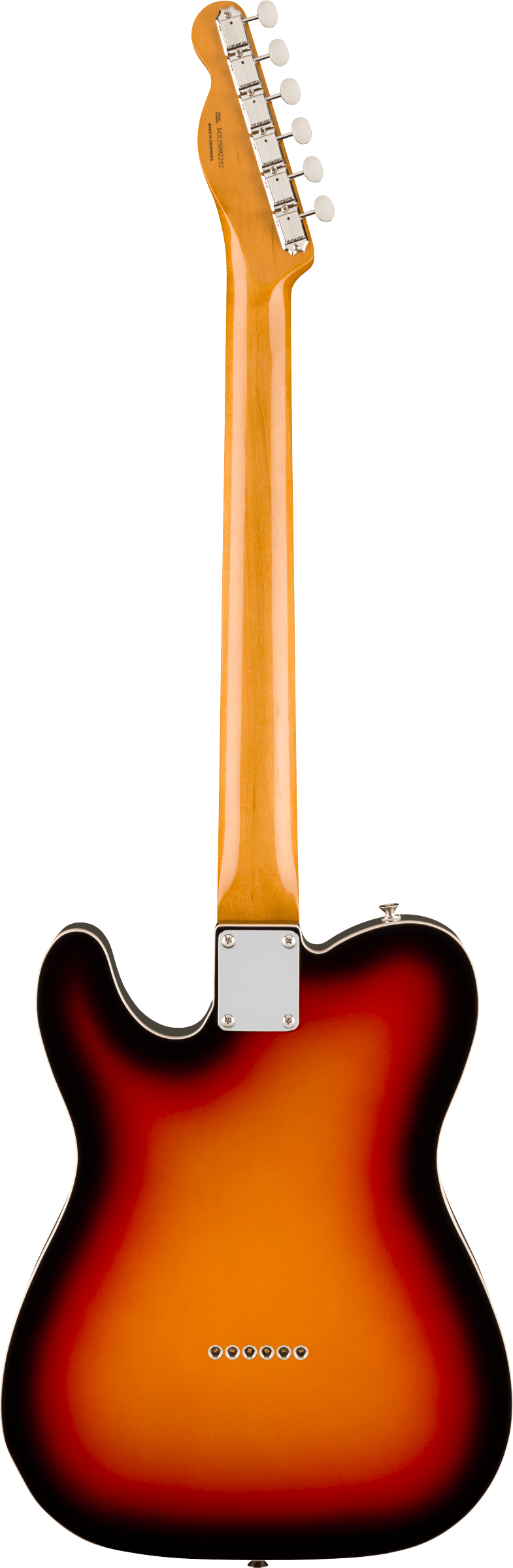 Sunburst electric guitar viewed from the back, showing a glossy neck, six tuning pegs, and string ferrules in a straight line on the body.