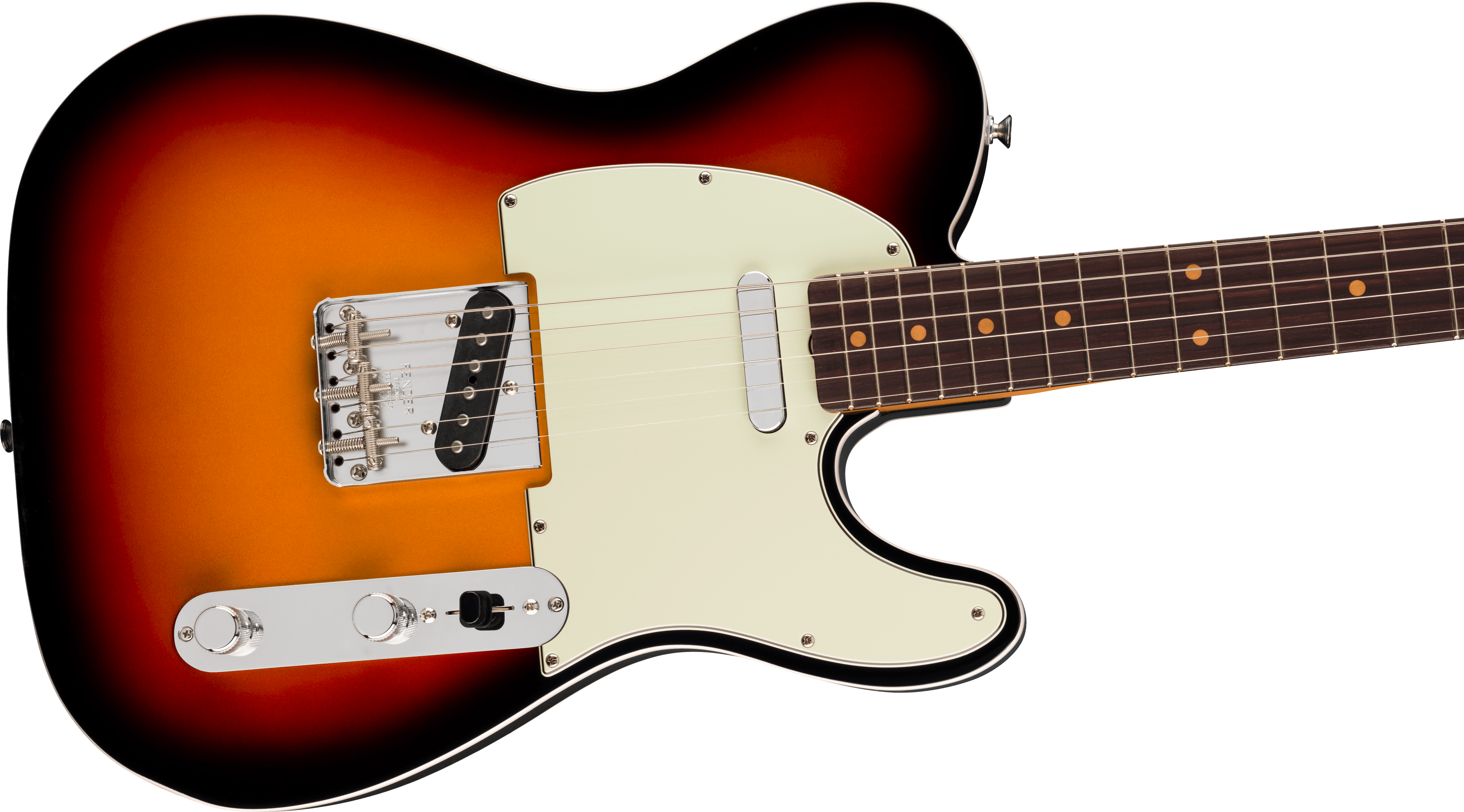 Sunburst electric guitar with a white pickguard, two pickups, chrome knobs, and a dark wood fingerboard with dot inlays.