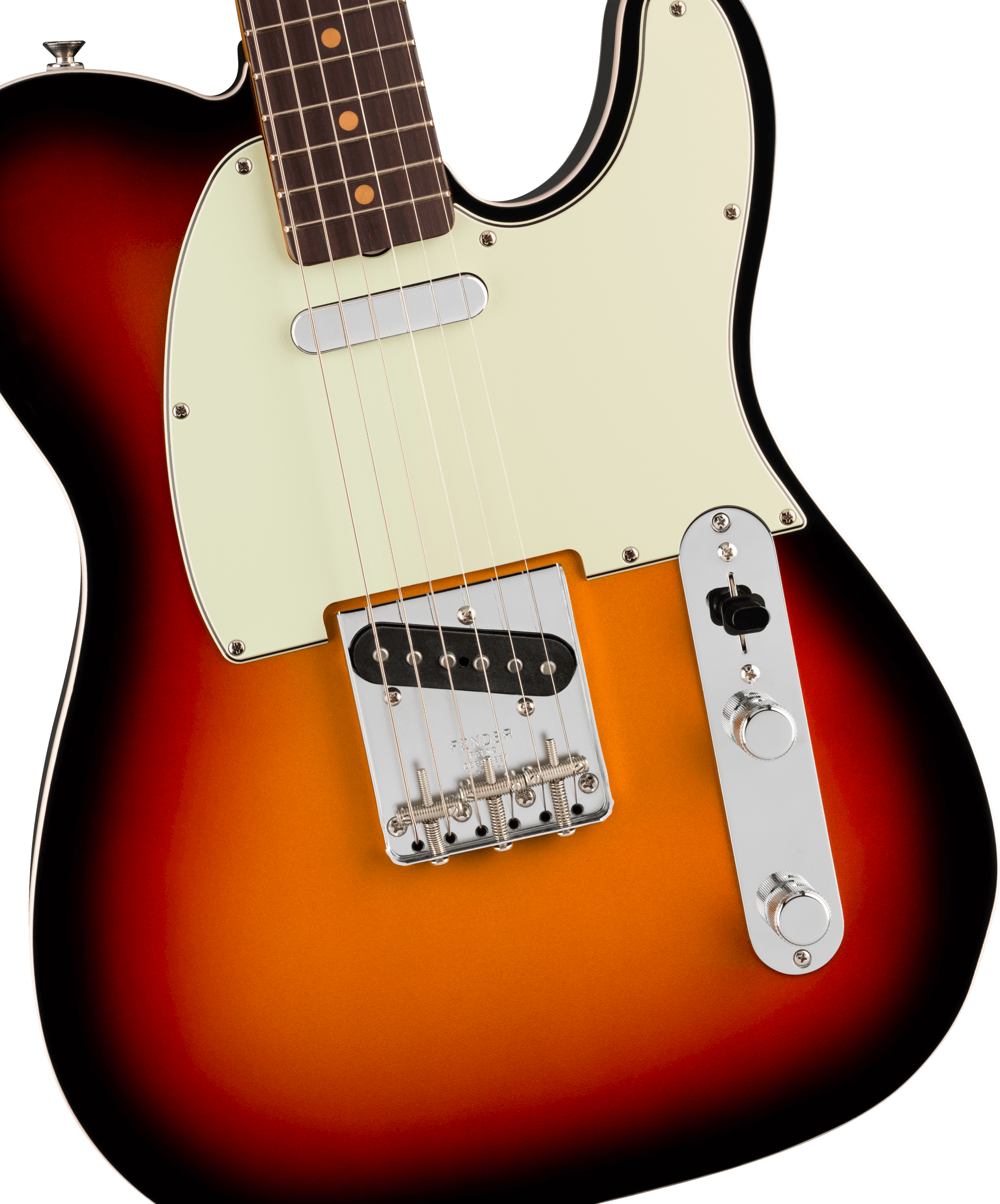 Sunburst electric guitar with a white pickguard, chrome bridge, two pickups, and control knobs on a metal plate.