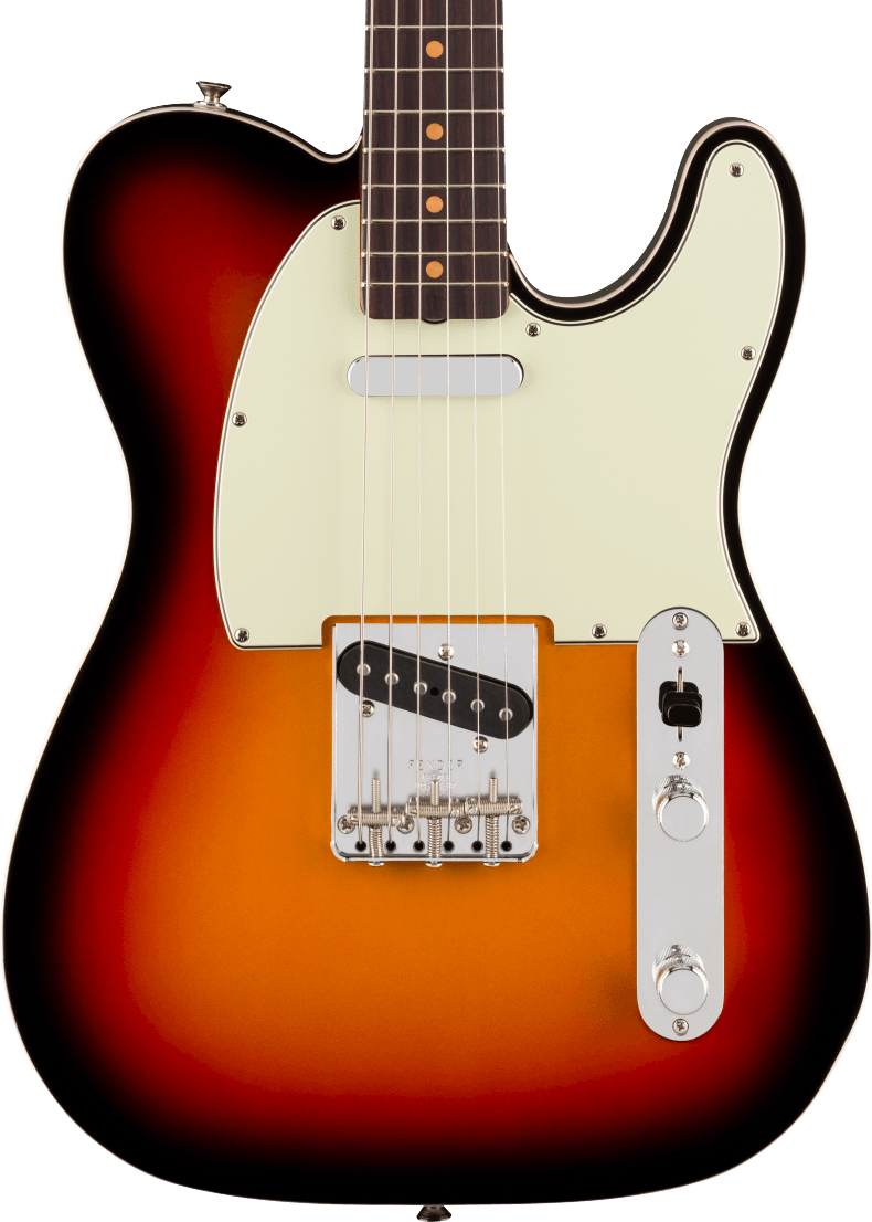 Sunburst electric guitar with a white pickguard, two single-coil pickups, metal bridge, and chrome control plate with two knobs and a switch.