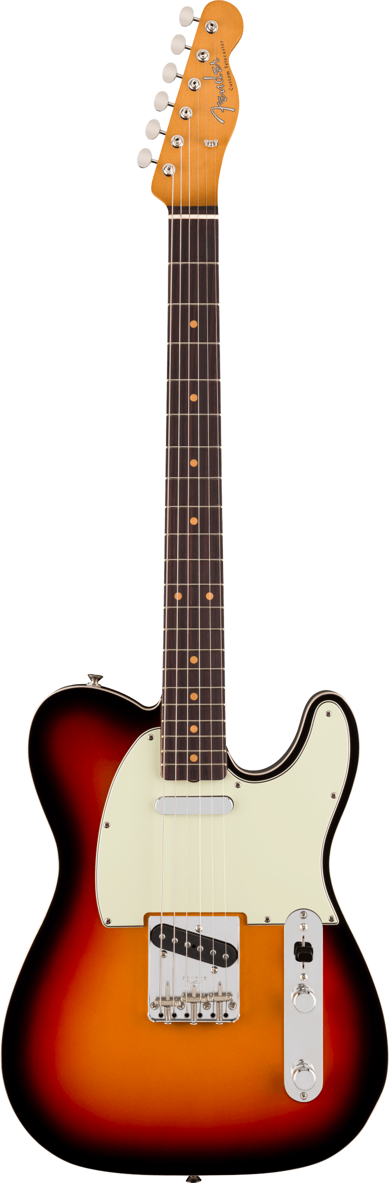 Sunburst electric guitar with a white pickguard, two pickups, six tuning pegs, and a dark fingerboard with dot inlays.