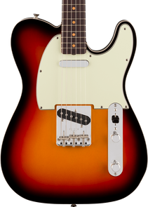 Sunburst electric guitar with a white pickguard, two single-coil pickups, metal bridge, and chrome control plate with two knobs and a switch.