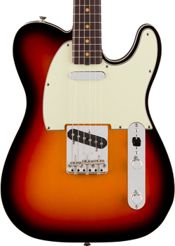 Sunburst electric guitar with a white pickguard, two single-coil pickups, metal bridge, and chrome control plate with two knobs and a switch.