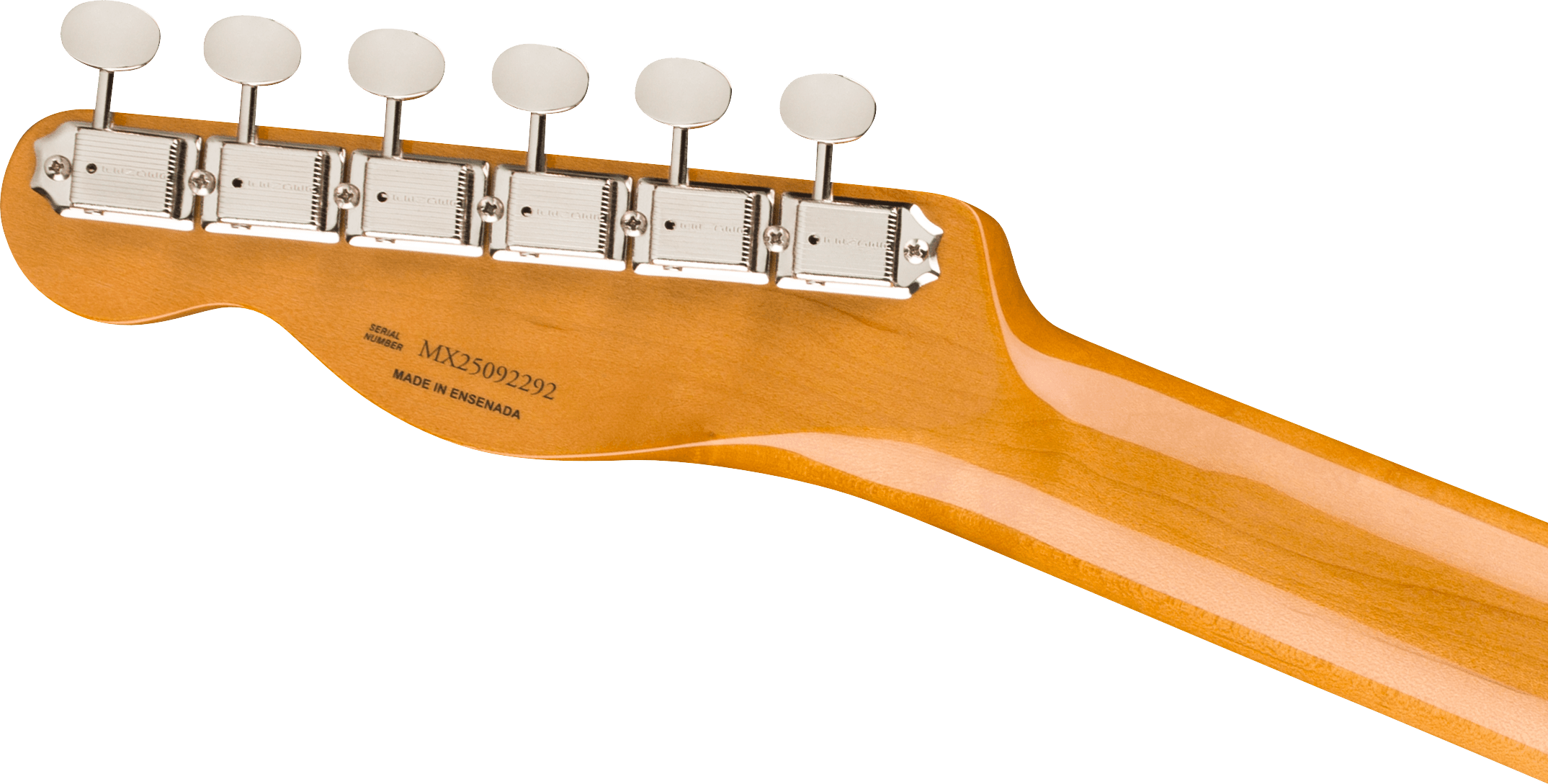 Back of an electric guitar headstock with six chrome tuning pegs on a glossy light wooden neck, serial number and "Made in Ensenada" text visible.