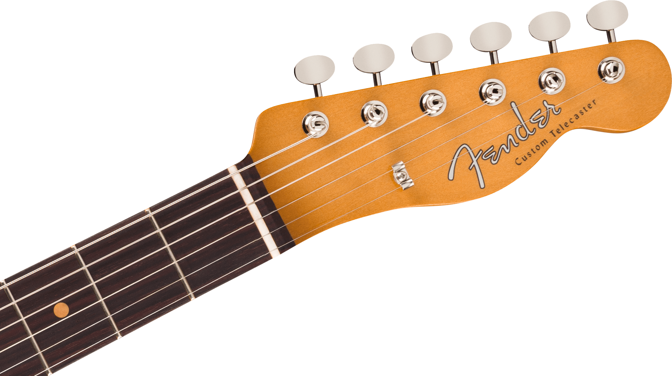 Six silver tuning pegs on a Fender Custom Telecaster electric guitar headstock, maple with logo, and a dark wood fretboard with dot inlays.
