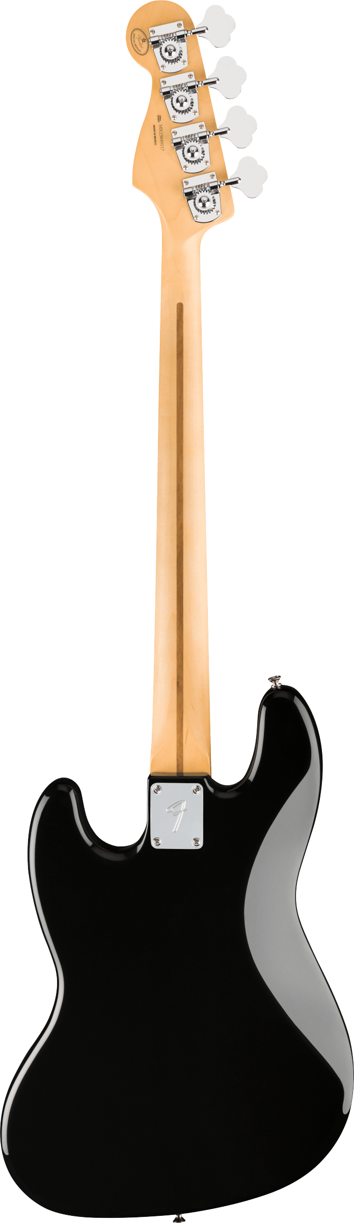 Black-bodied bass guitar shown from the back, with a light wood neck, four tuning pegs, and silver neck plate engraved with an “F”.