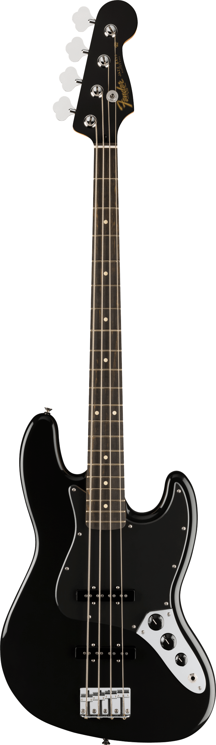 Black Fender Jazz Bass Guitar with four strings, dot inlays, chrome bridge, and control knobs on a silver plate.