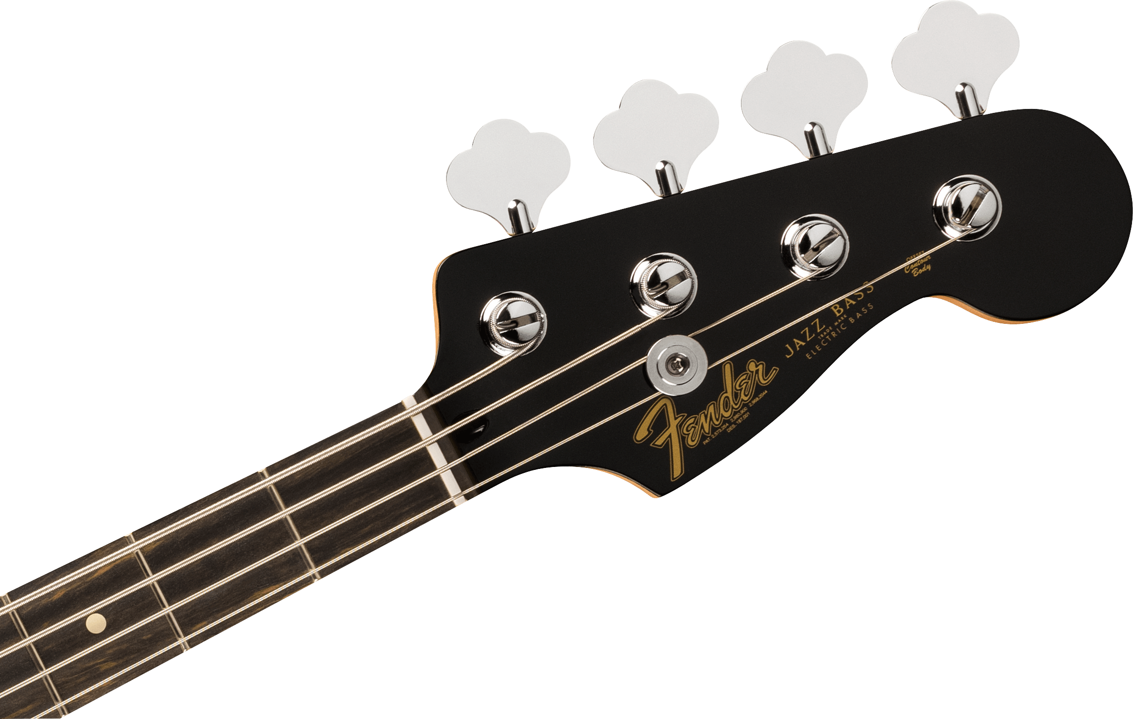 Black Fender Jazz Bass guitar headstock with four silver tuning pegs, gold logo, and fretboard showing four strings and position markers.
