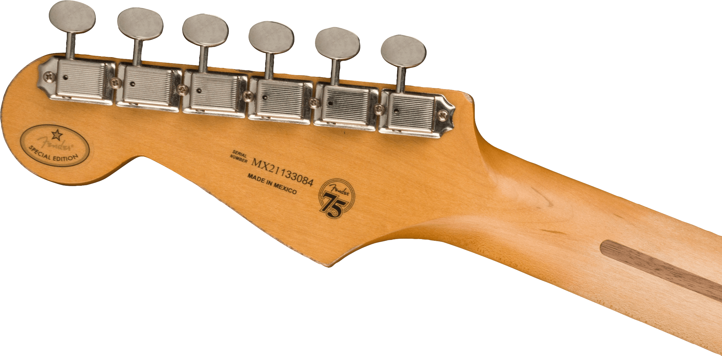Back of a Fender electric guitar headstock, showing six metal tuning pegs, “Special Edition” and “75” anniversary stamps, and serial number MX21133084.