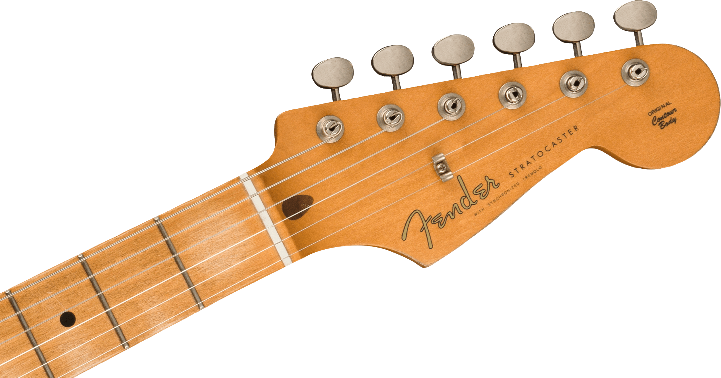 Light wood Fender Stratocaster electric guitar headstock with six metal tuning pegs and black logo text on front, maple fretboard visible.