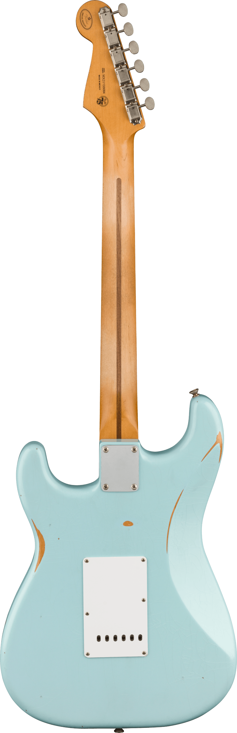 Light blue electric guitar viewed from the back, featuring a worn finish, natural wood neck with a skunk stripe, and white rectangular backplate.
