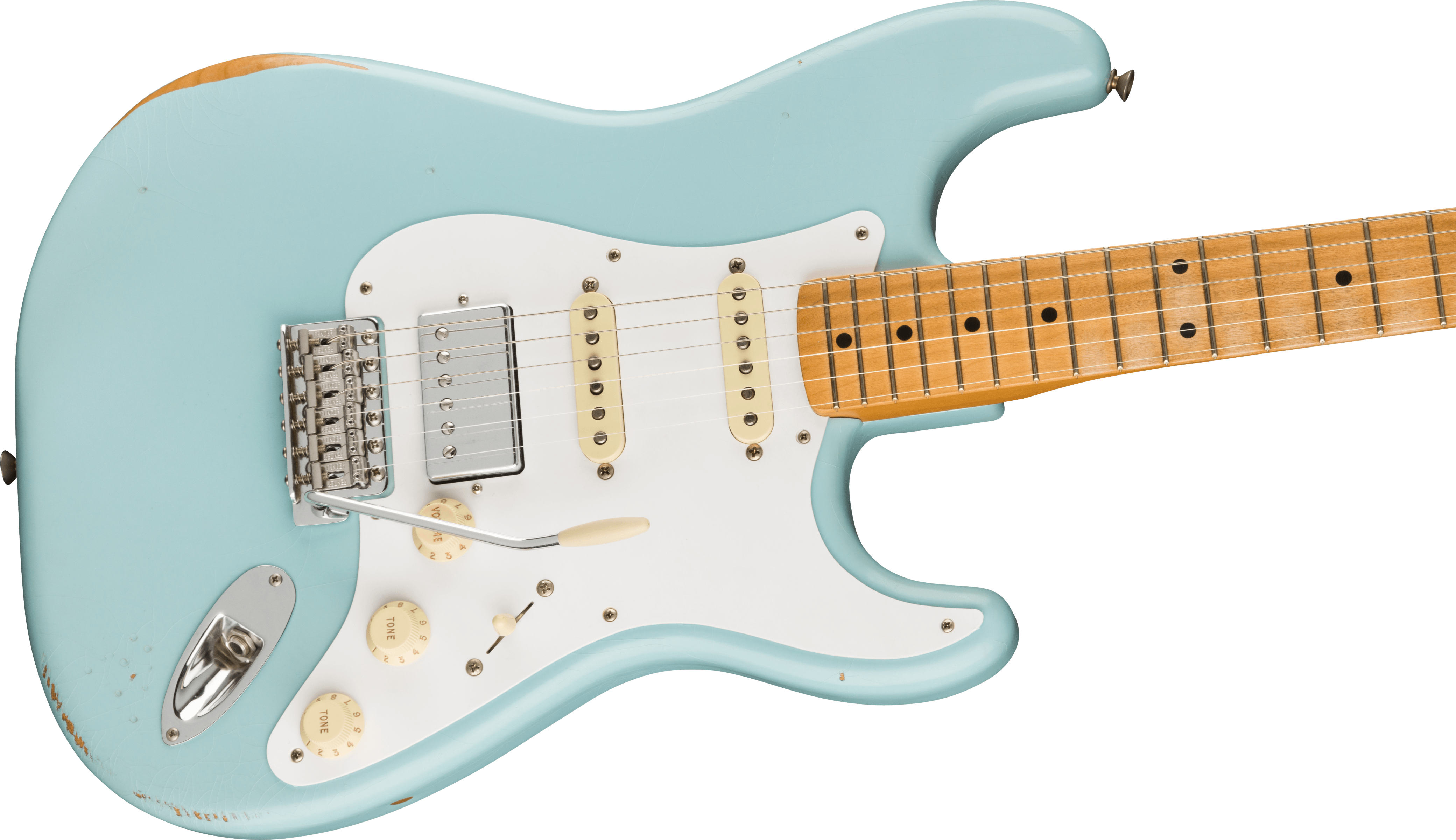 Light blue electric guitar with a white pickguard, three pickups, control knobs, and a maple neck. Some worn areas on the edges.