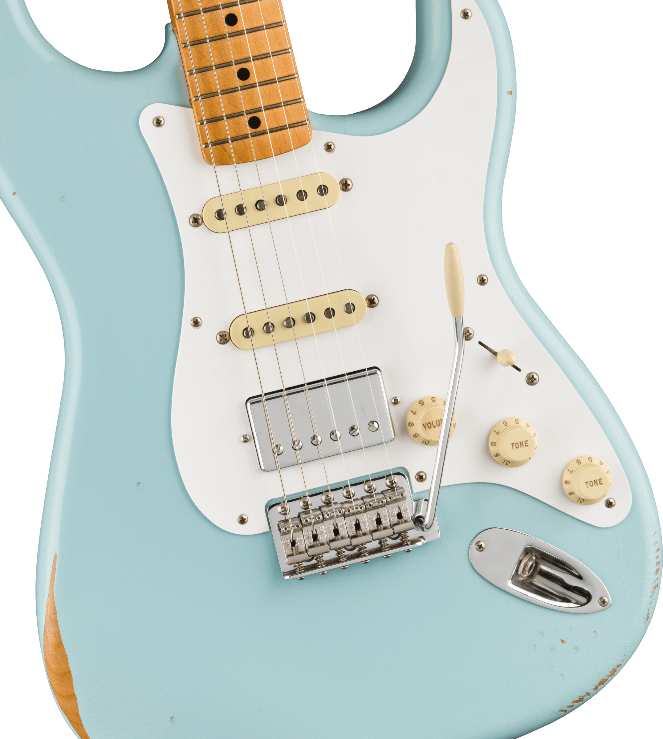 Light blue electric guitar body with white pickguard, three pickups, three control knobs, a metal bridge, and some visible wear on the finish.