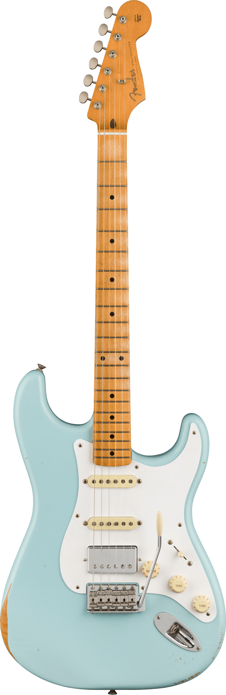 Light blue Fender Stratocaster electric guitar with maple neck, three pickups, white pickguard, and tremolo bar. Some wear is visible on the body.