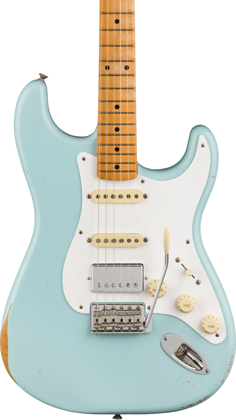 Light blue electric guitar with a white pickguard, three cream-colored pickups, maple neck, and some worn areas on the body edges.
