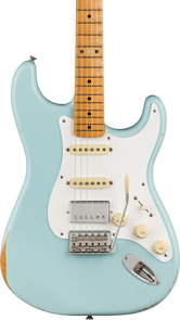 Light blue electric guitar with a white pickguard, three cream-colored pickups, maple neck, and some worn areas on the body edges.