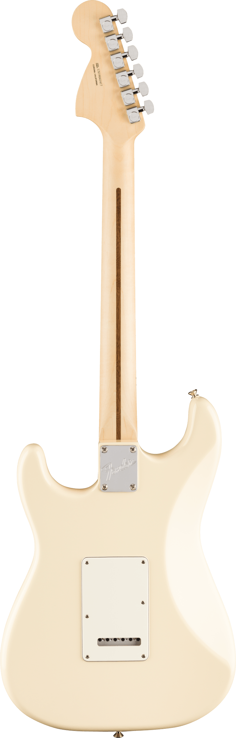 A cream-colored electric guitar shown from the back, with a maple neck, six tuning pegs, and a white rectangular cover plate on the body.