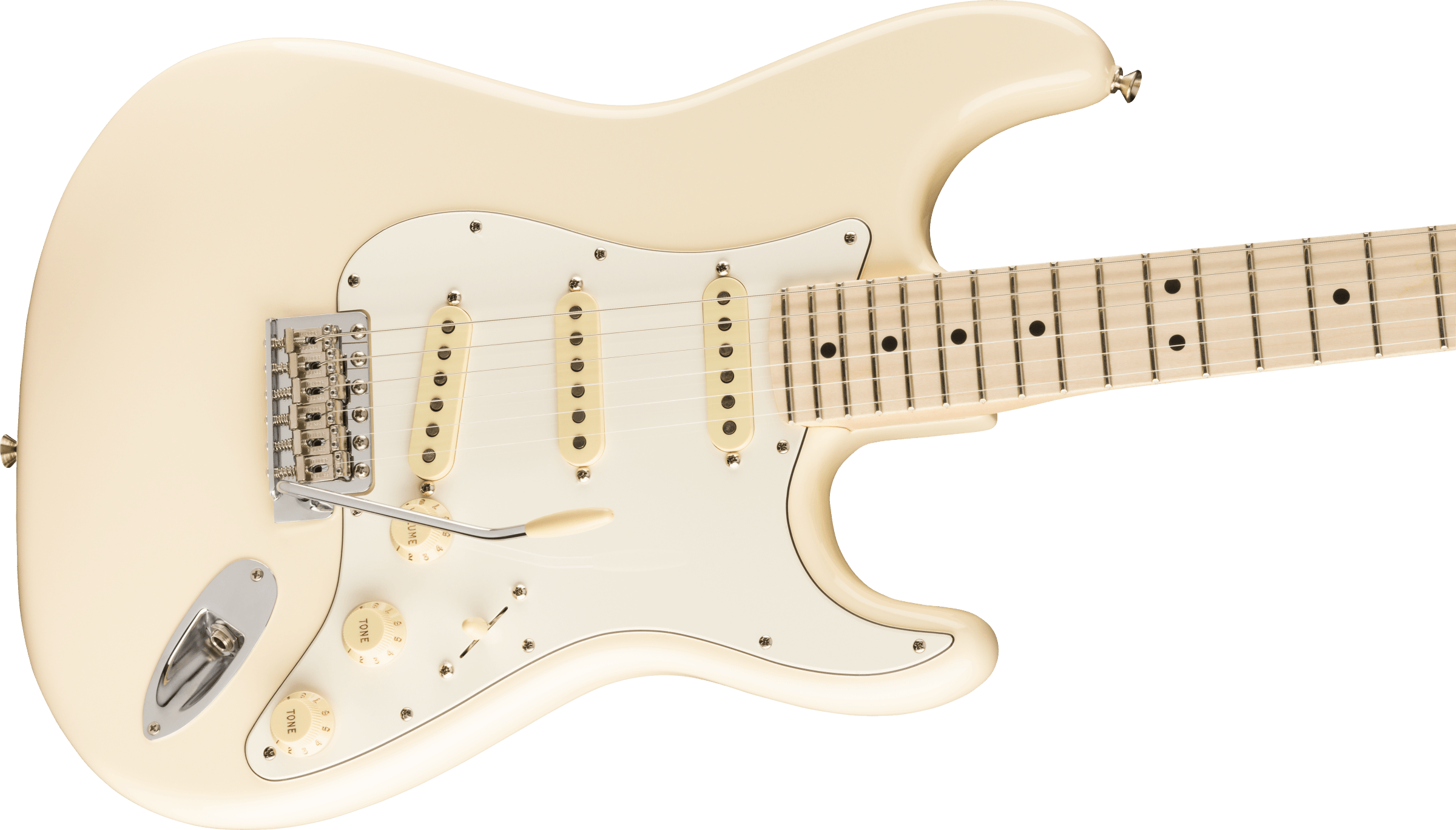Cream-colored electric guitar with three single-coil pickups, white pickguard, light maple fretboard, and chrome tremolo bar.