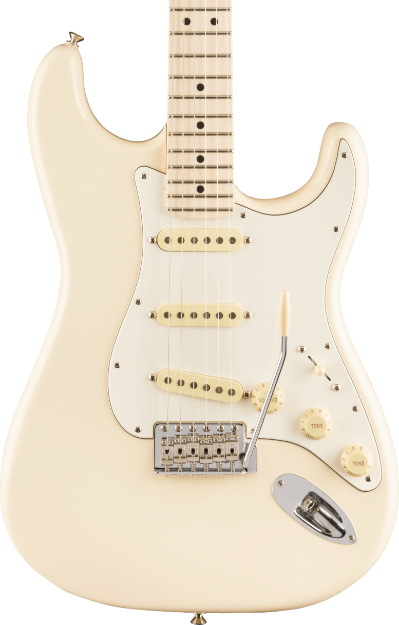 Cream-colored electric guitar with three single-coil pickups, white pickguard, control knobs, and a chrome tremolo arm on the body.