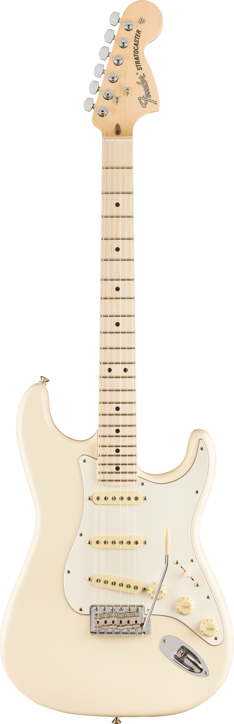 Cream-colored Fender Stratocaster electric guitar with three single-coil pickups, white pickguard, maple neck, and six tuning pegs.