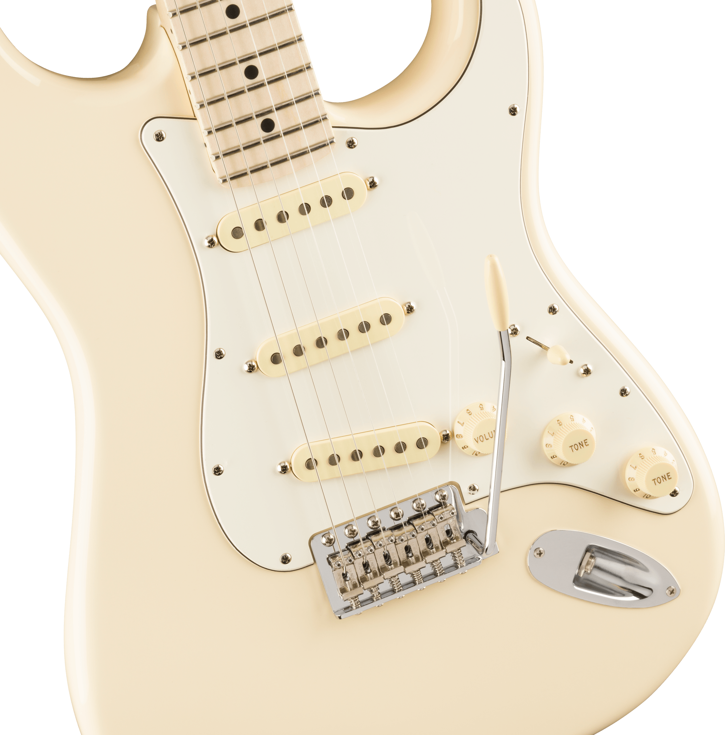 Cream-colored electric guitar with three single-coil pickups, white pickguard, chrome bridge, whammy bar, and cream volume and tone knobs.