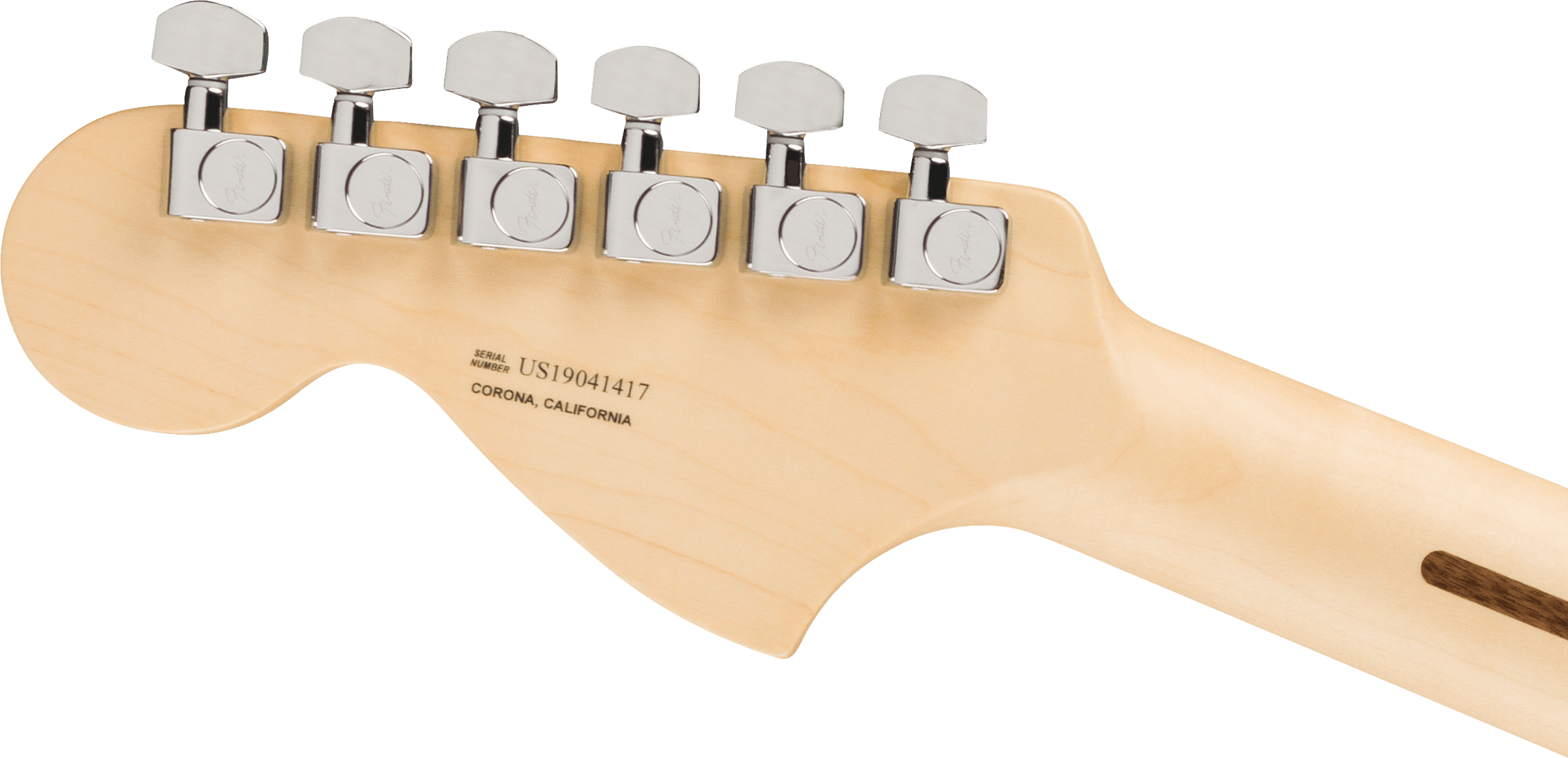 Six chrome tuning pegs on a light wood electric guitar headstock, with serial number and "Corona, California" printed below.