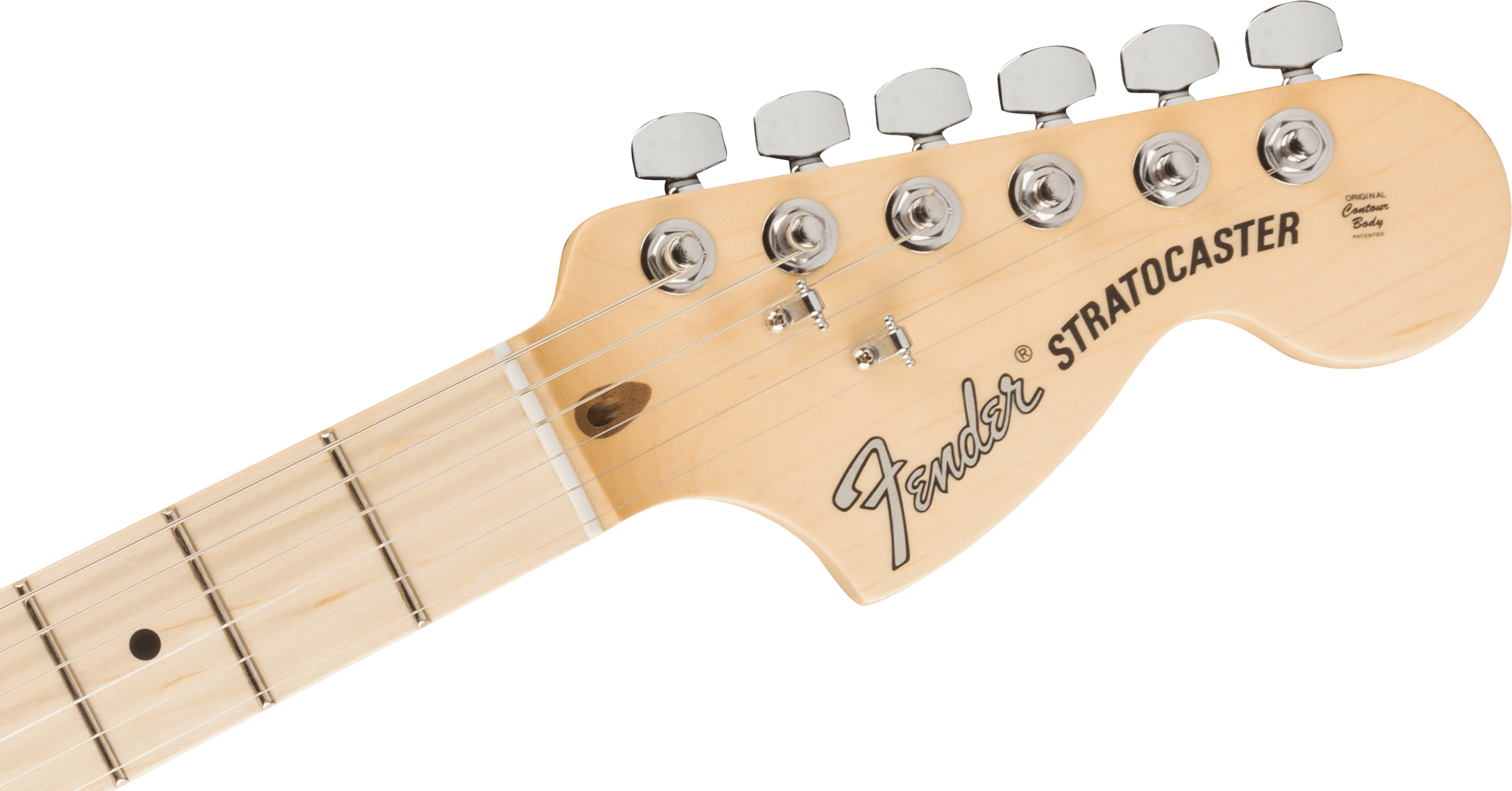 Light maple Fender Stratocaster electric guitar headstock with six chrome tuning pegs, black logo text, and part of the fretboard visible.