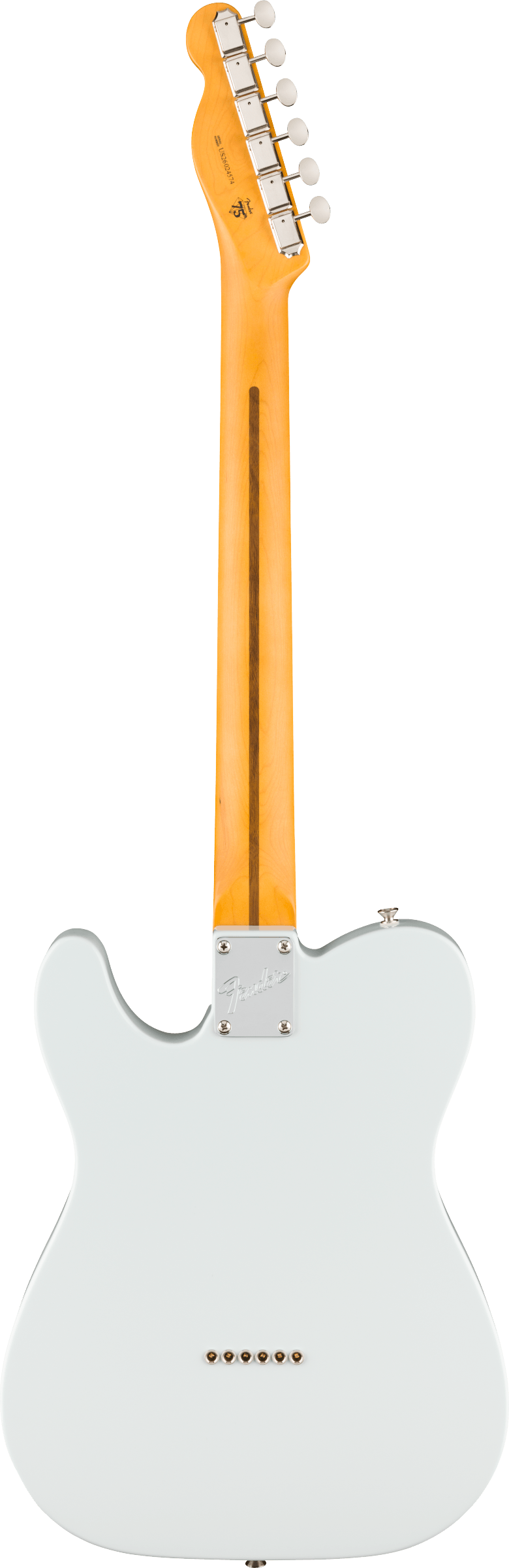 White Fender electric guitar seen from the back, with a light wood neck and six tuning pegs, metal plate engraved with Fender at the neck joint.