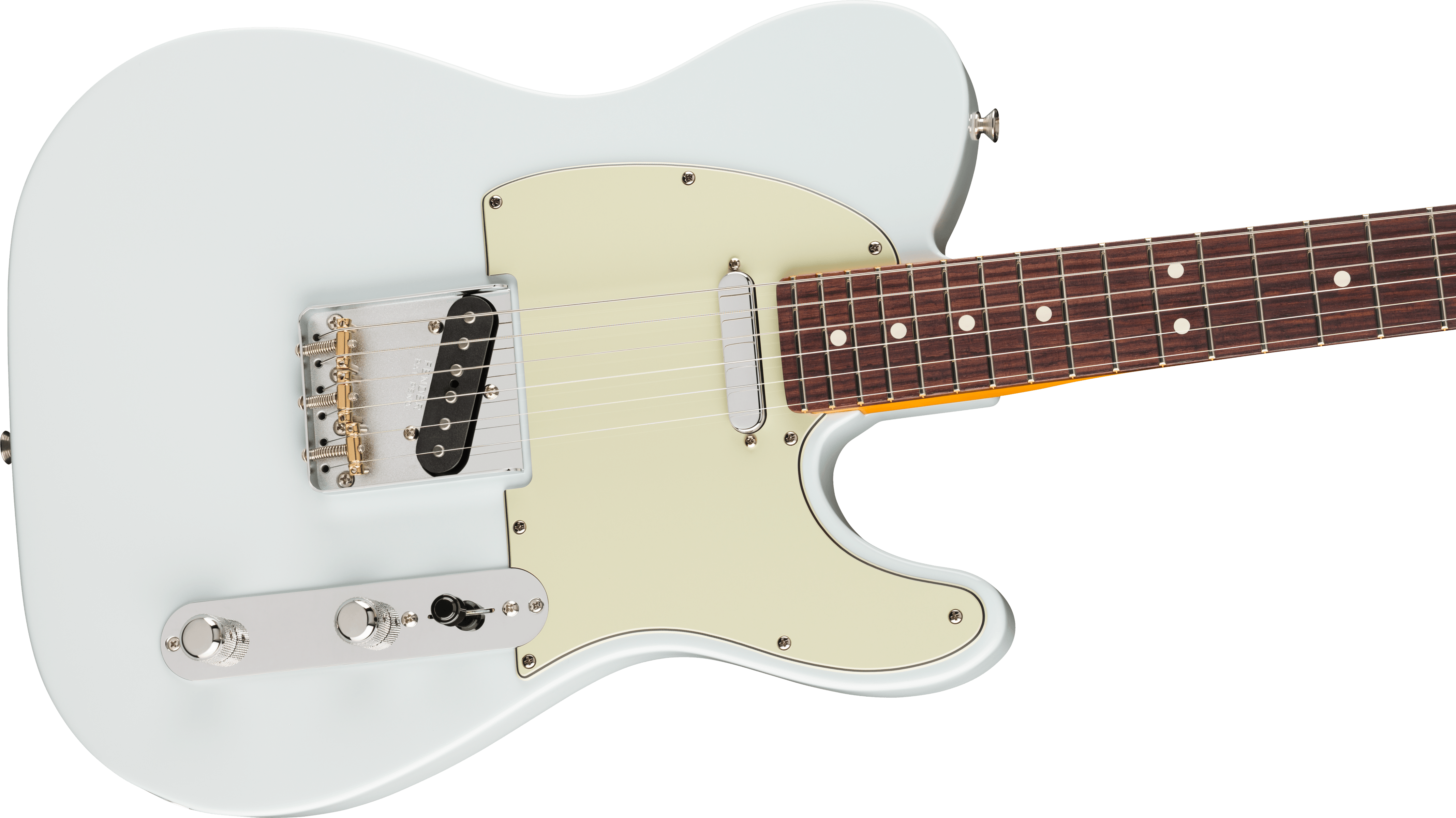 Light blue Fender electric guitar with a cream pickguard, single cutaway body, six strings, two pickups, and a rosewood fretboard.