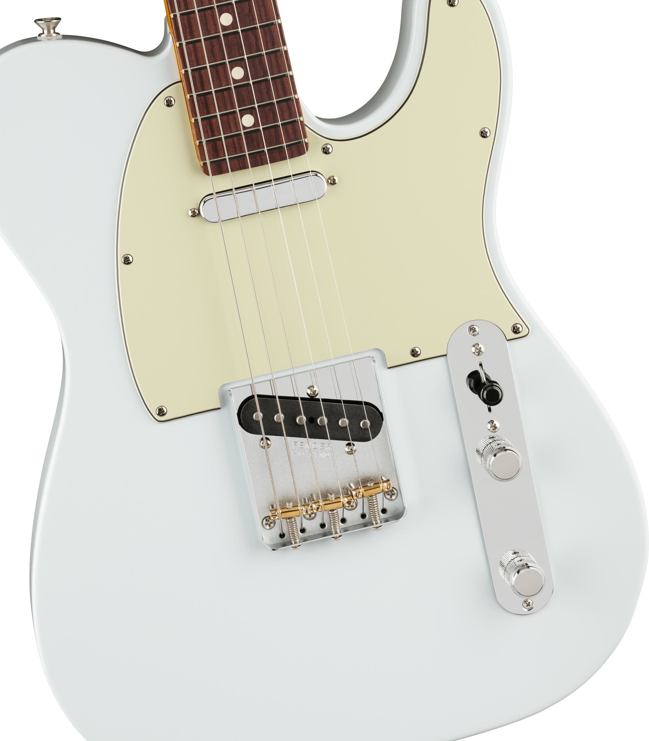 White Fender electric guitar body with a light yellow pickguard, chrome control plate, two pickups, and a rosewood fretboard.