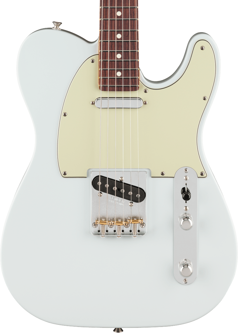 Fender electric guitar with a light blue body, cream pickguard, two pickups, chrome bridge, control plate, and a rosewood fretboard.