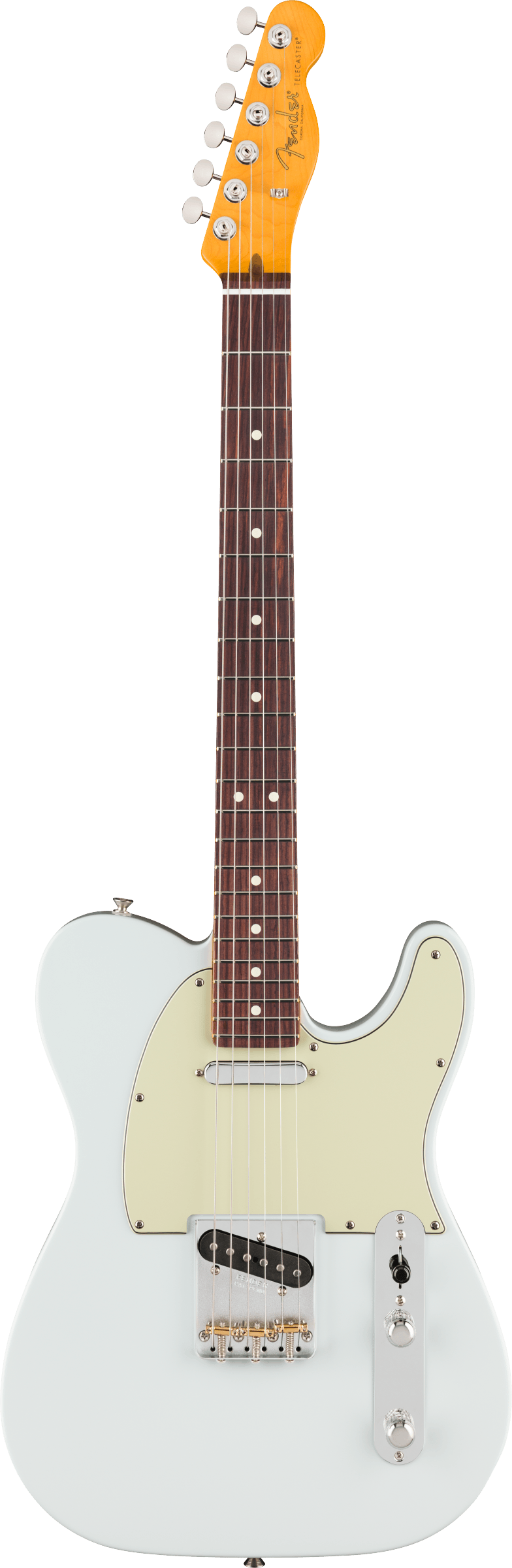 Fender electric guitar with a white body, cream pickguard, chrome bridge and controls, and a rosewood fretboard with dot inlays.