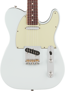Fender electric guitar with a light blue body, cream pickguard, two pickups, chrome bridge, control plate, and a rosewood fretboard.