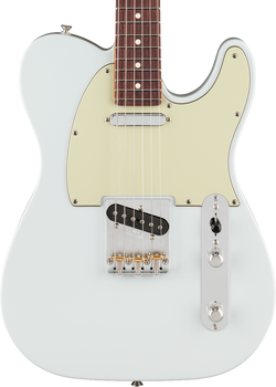 Fender electric guitar with a light blue body, cream pickguard, two pickups, chrome bridge, control plate, and a rosewood fretboard.