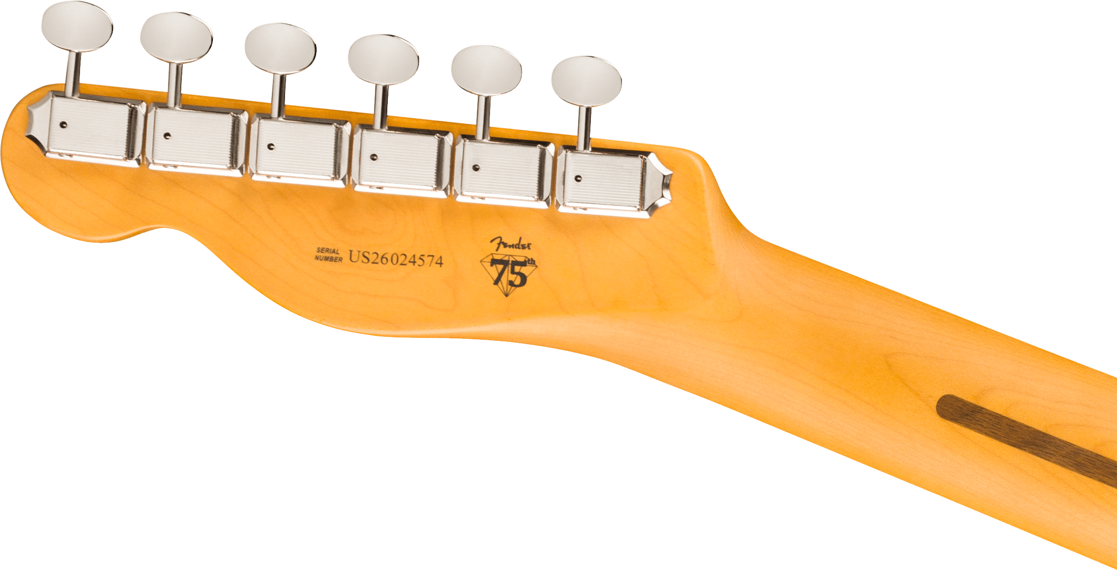 Back of a Fender guitar headstock and neck showing six chrome tuners, serial number, and a 75th anniversary logo on light wood.