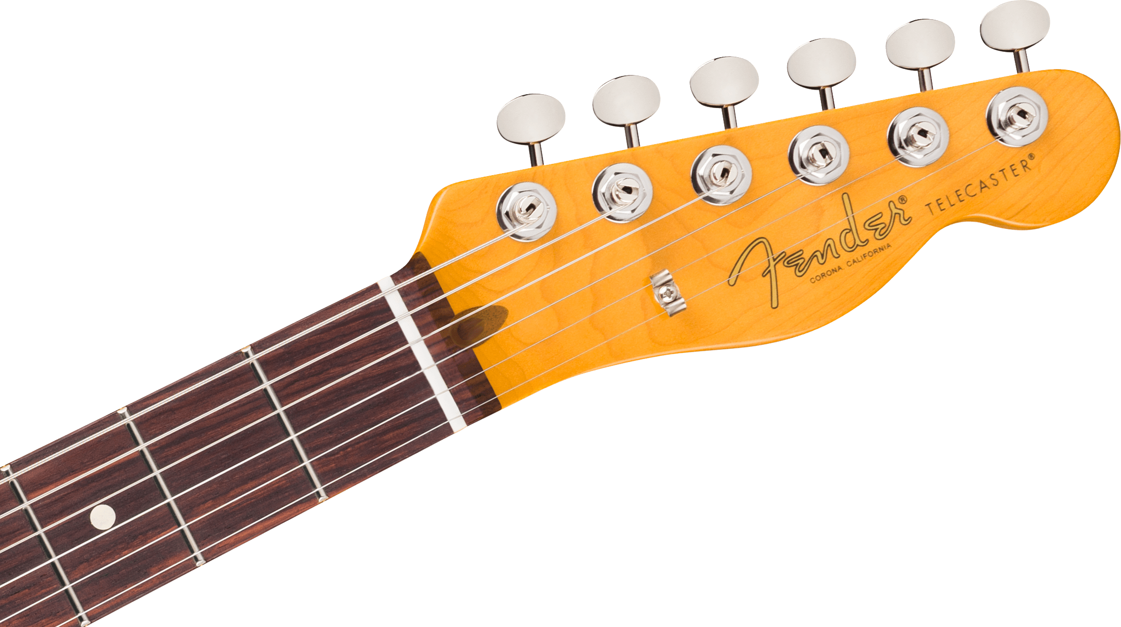 Fender Telecaster guitar headstock with six chrome tuning pegs, maple wood finish, and dark rosewood fretboard with white dot inlays.