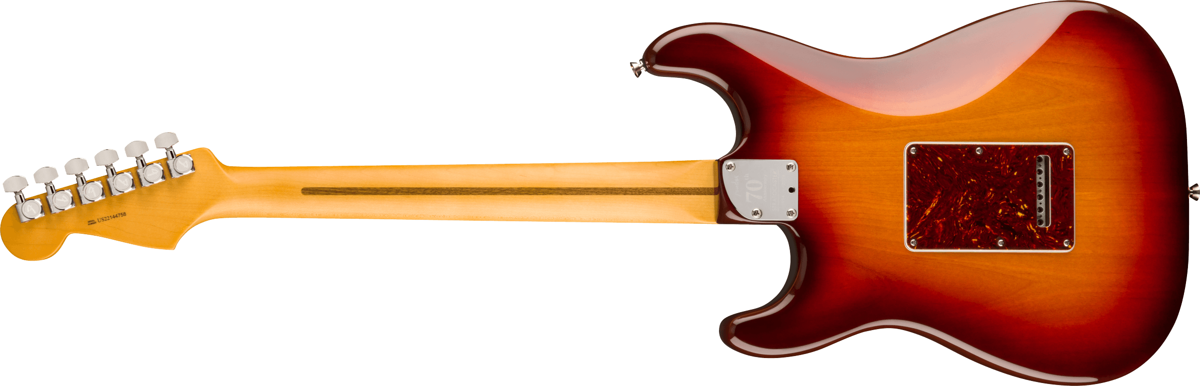 Electric guitar viewed from the back, sunburst body, maple neck, six tuning pegs, and a rectangular brown backplate with visible screws.