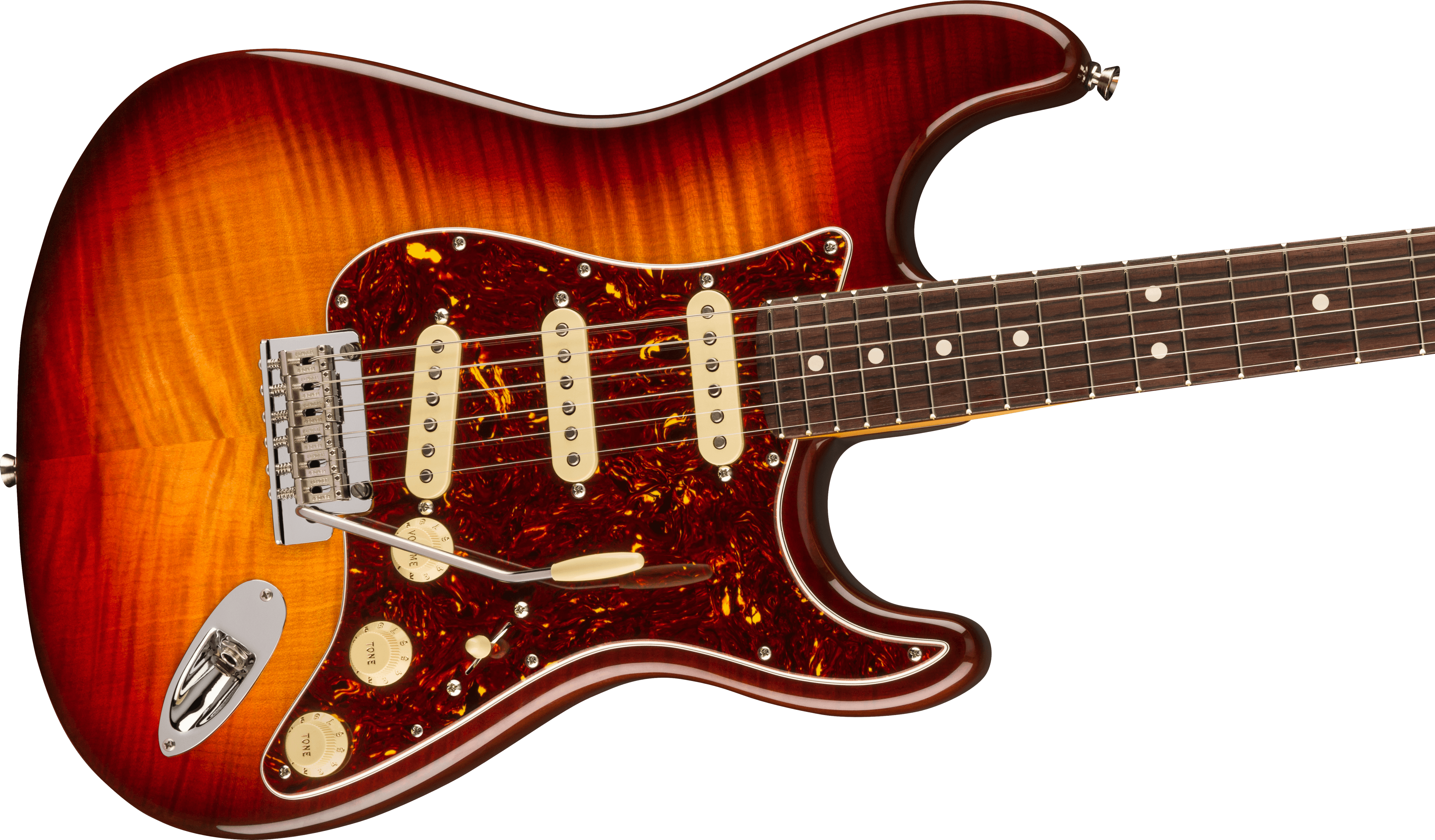 Electric guitar with a glossy sunburst finish, three cream pickups, dark tortoiseshell pickguard, chrome tremolo, and rosewood fretboard with dot inlays.