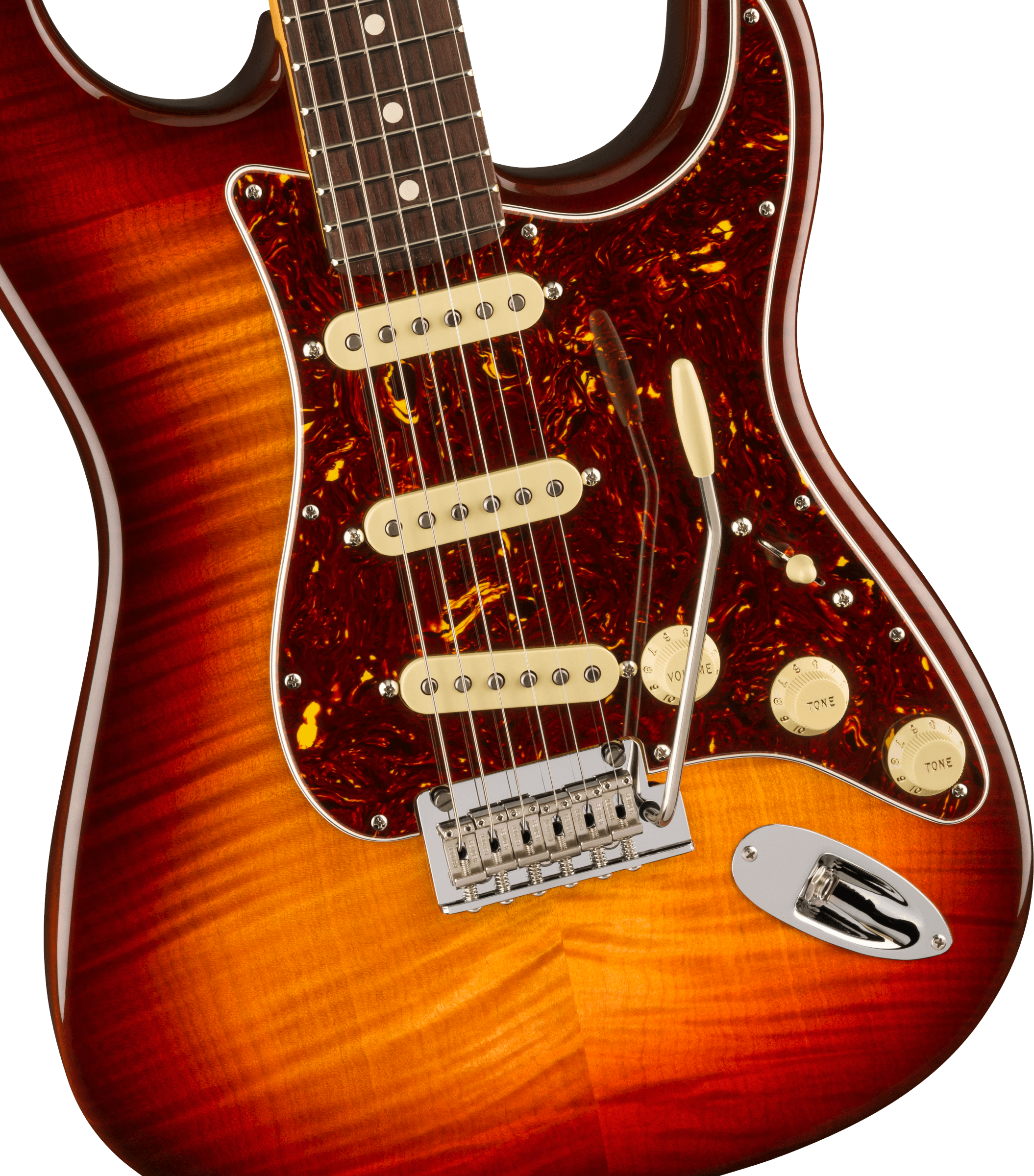 Electric guitar with a sunburst flame maple finish, tortoiseshell pickguard, three single-coil pickups, and three cream-colored control knobs.