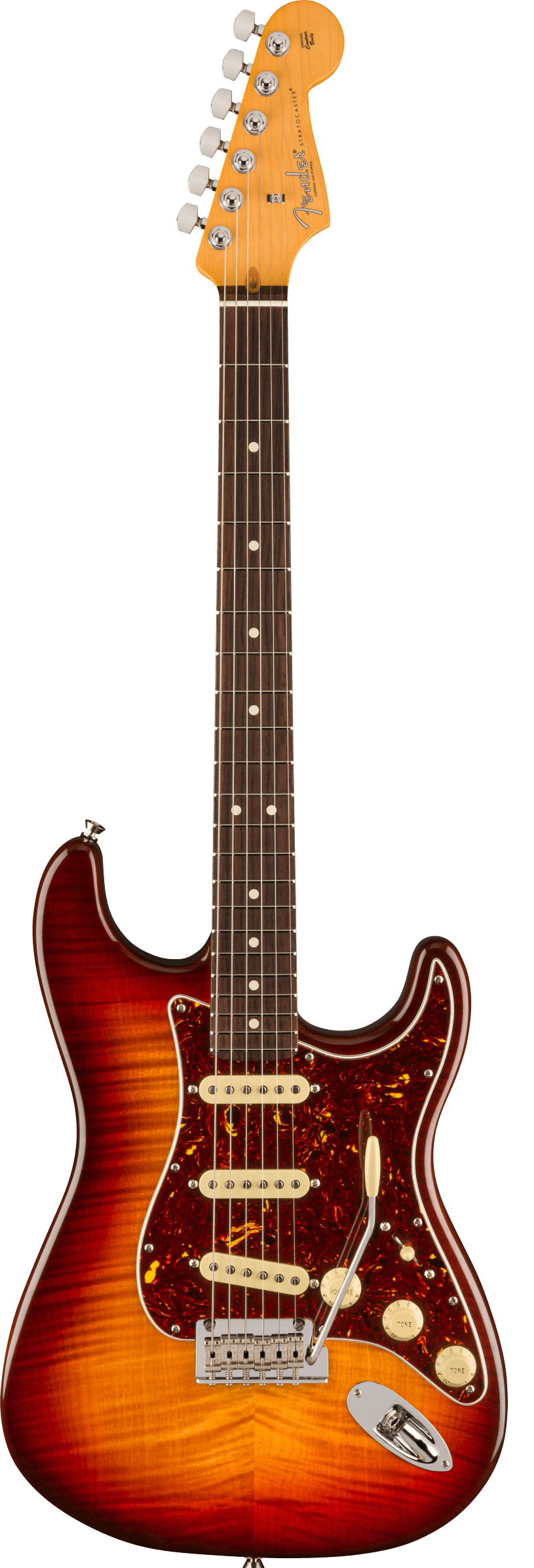 Fender Stratocaster electric guitar with a sunburst flame finish, three single-coil pickups, tortoiseshell pickguard, and white control knobs.