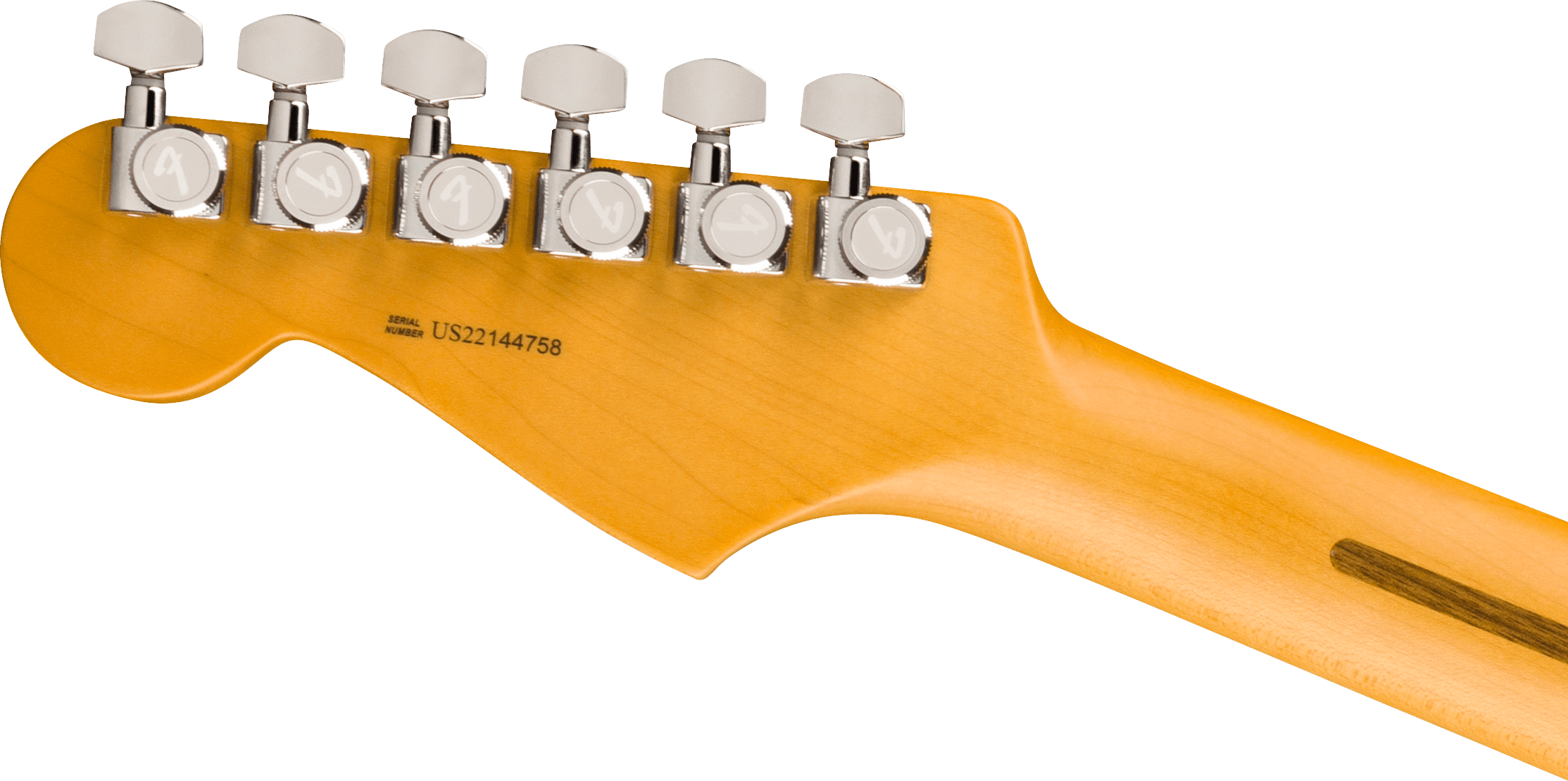 Six chrome tuning pegs on a light wood electric guitar headstock, serial number US22144758 printed near the center.