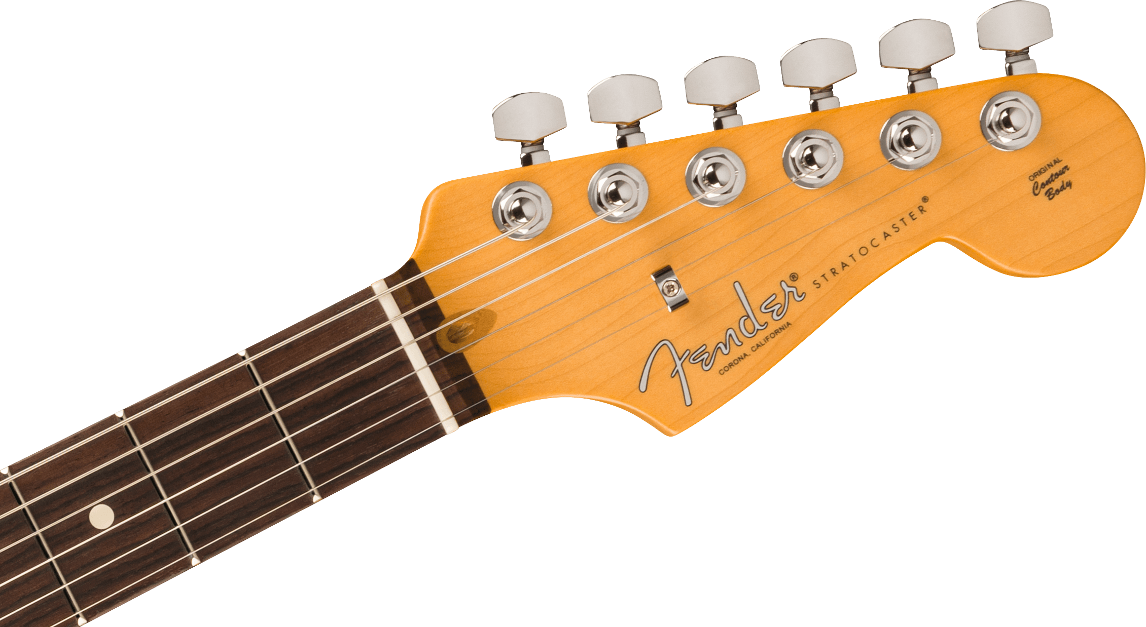 Light wood Fender Stratocaster electric guitar headstock with six silver tuning pegs, dark fretboard, and the Fender logo in black script.