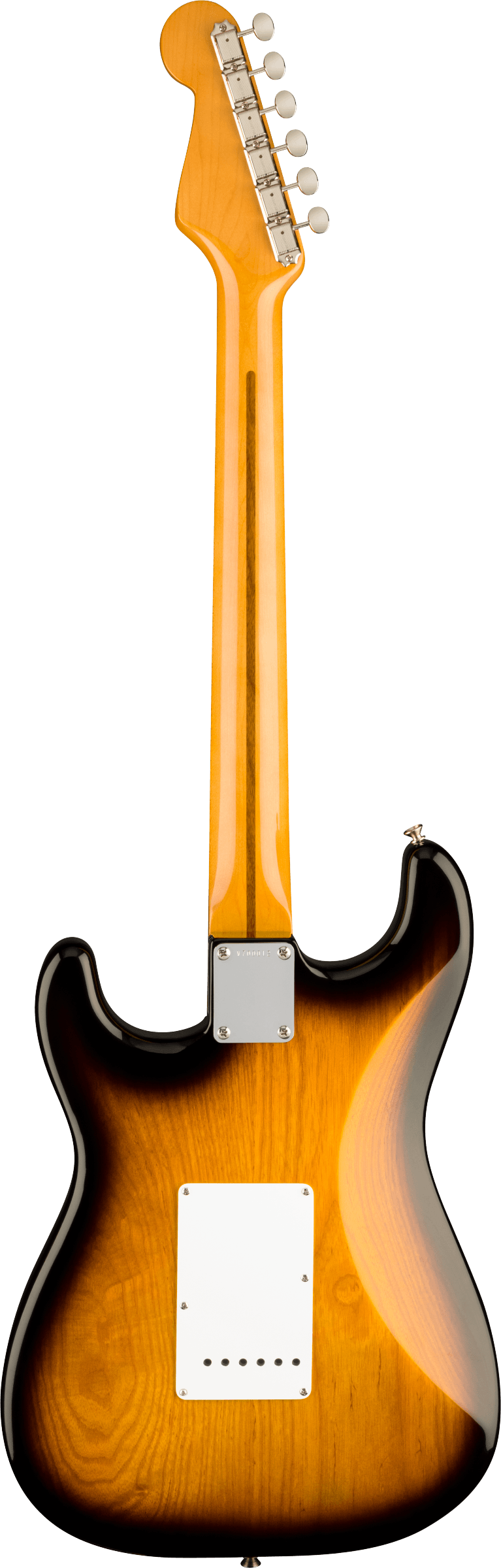 Sunburst-finish electric guitar shown from the back, maple neck with a dark stripe, white rear electronics cover, and chrome neck plate.