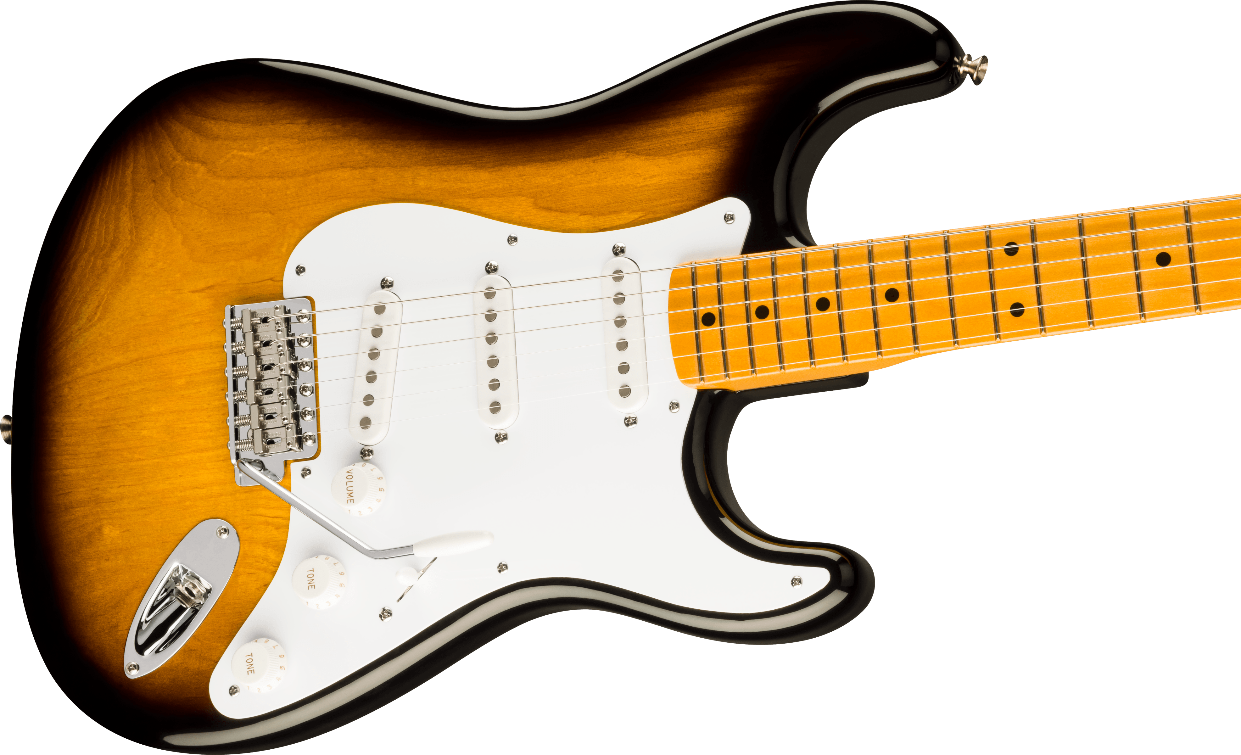 Sunburst electric guitar with a white pickguard, maple neck, three pickups, and six strings, showing knobs labeled volume and tone.