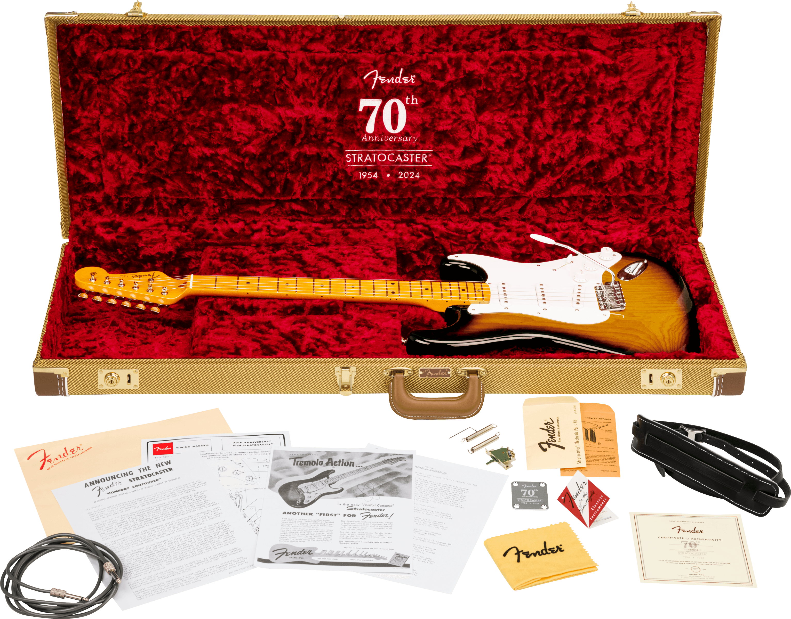 A sunburst Fender electric guitar in a red-lined case, with documents, guitar strap, cable, cloth, certificate, and accessories laid out in front.