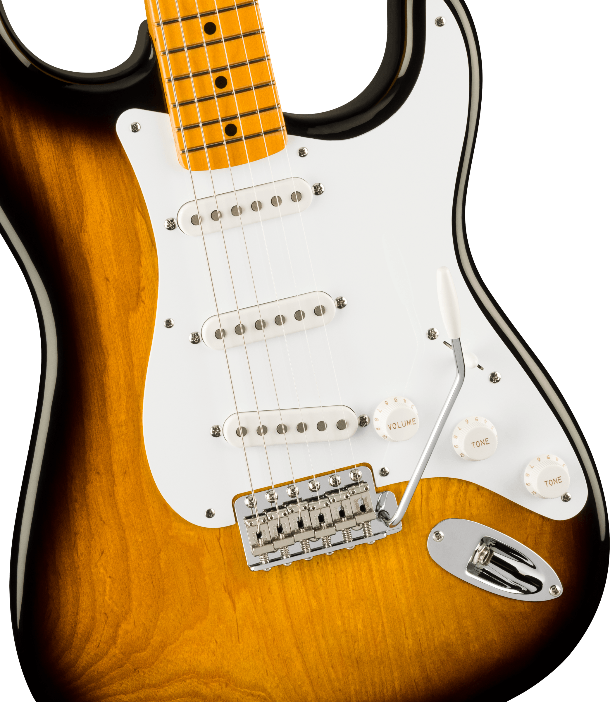 Sunburst electric guitar with a white pickguard, three single-coil pickups, three white control knobs, and a chrome tremolo arm.